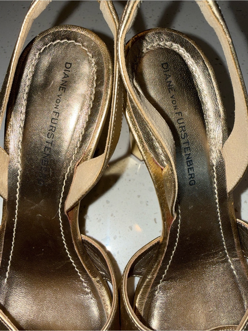 Diane Von Furstenberg Metallic Gold Crisscross Slingback Heels - Picture 6 of 11